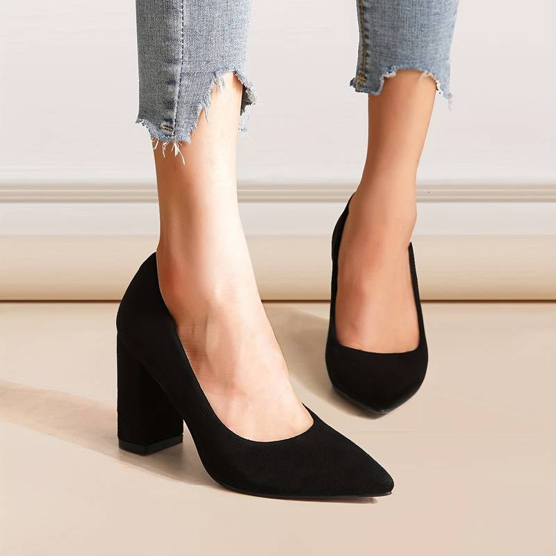 Black suede pumps pointed toe front view