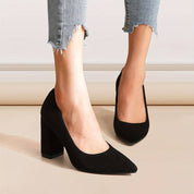 Black suede pumps pointed toe front view