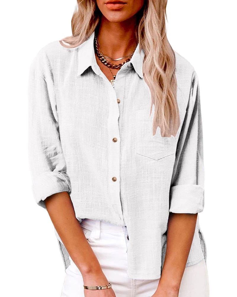 White blouse with pocket and rolled sleeves front view