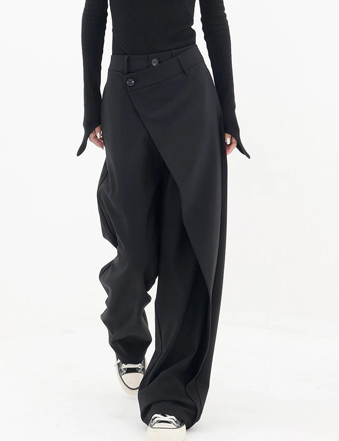 Zwarte oversized pantalon met dubbele knoop detail, front view
