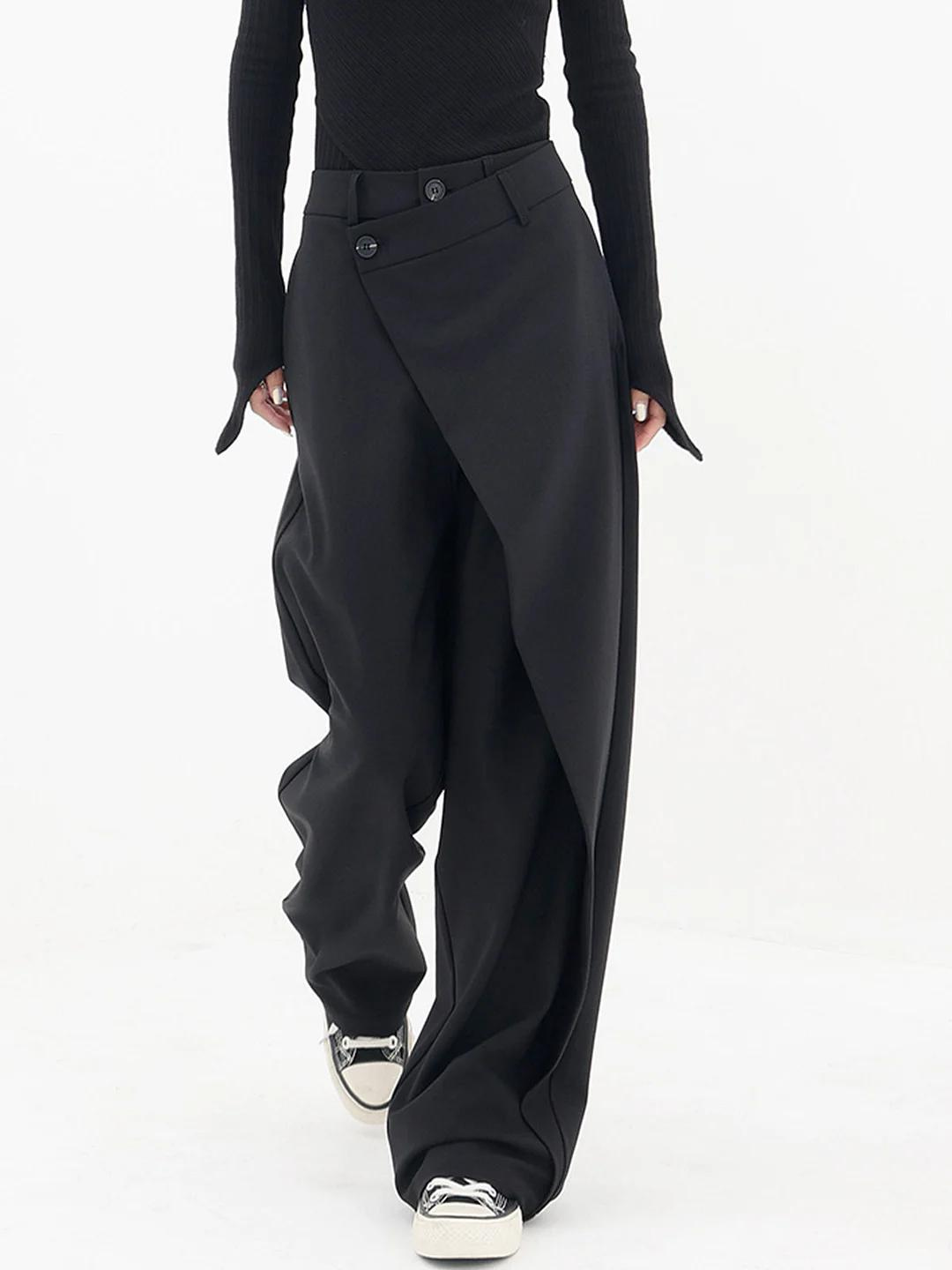 Zwarte oversized pantalon met dubbele knoop detail, front view