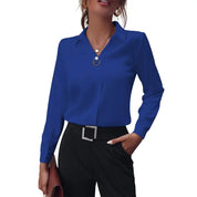 Blouse blauw met lange mouwen en V-hals front view
