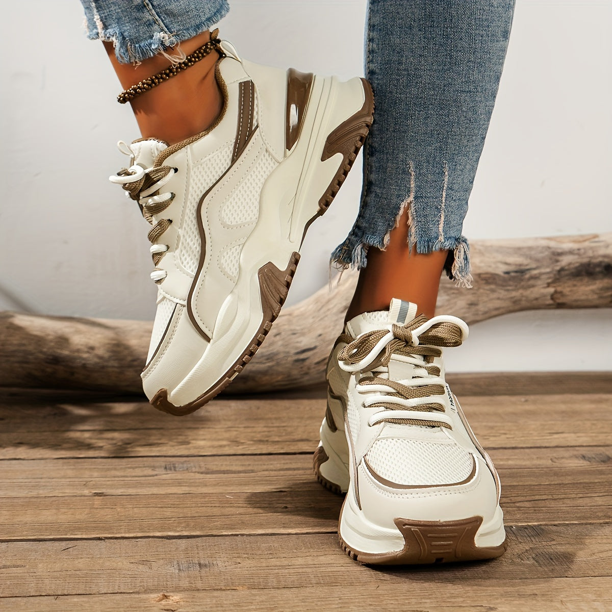 White and beige chunky sneakers with mesh detail front view