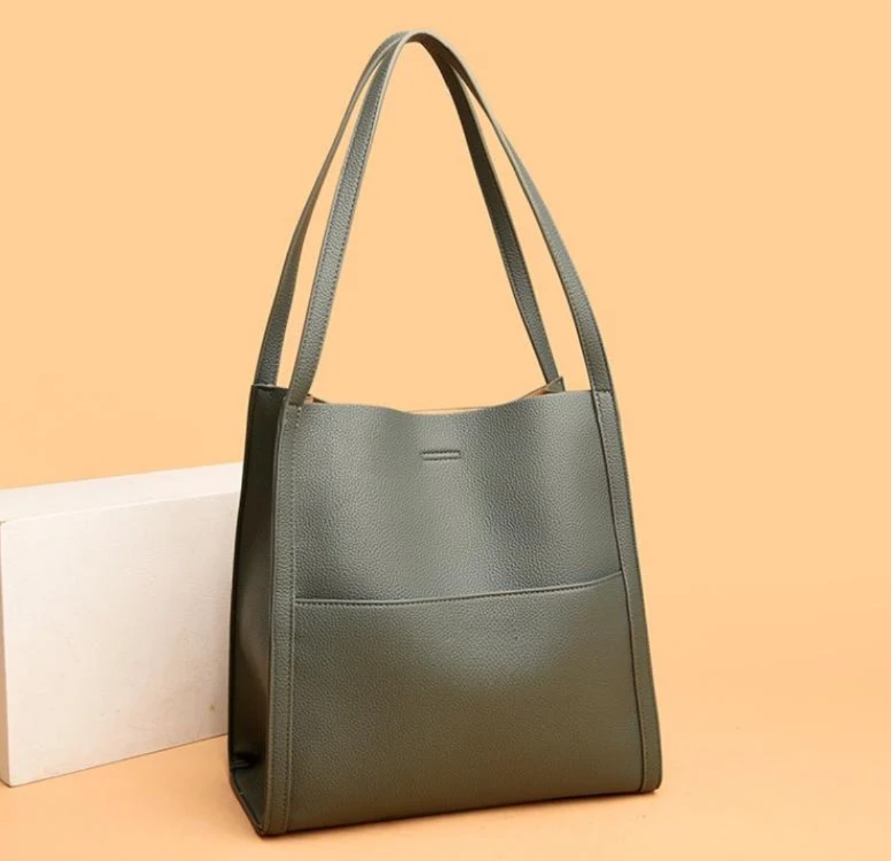 Gray tote bag with textured leather front view