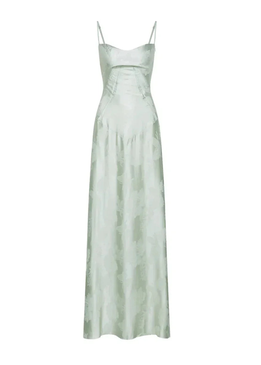Evening dress light green floral pattern front view