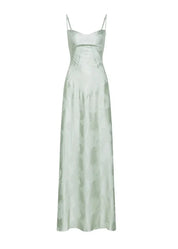 Evening dress light green floral pattern front view