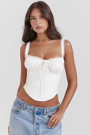 Chique satin corset top with lace and ruches, white version front view