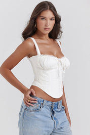 Chique satin corset top with lace and ruches, white version angled front view