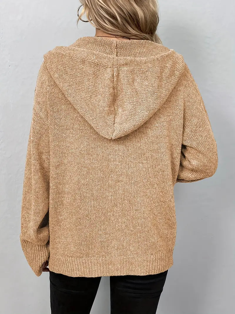 Beige knit cardigan with hood back view