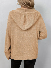 Beige knit cardigan with hood back view