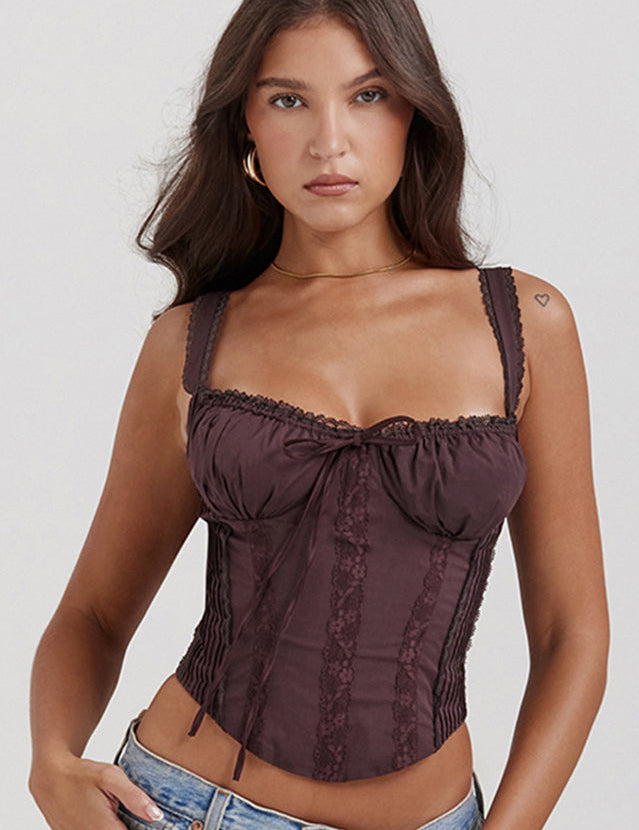 Chique satin corset top with lace and ruches, front view