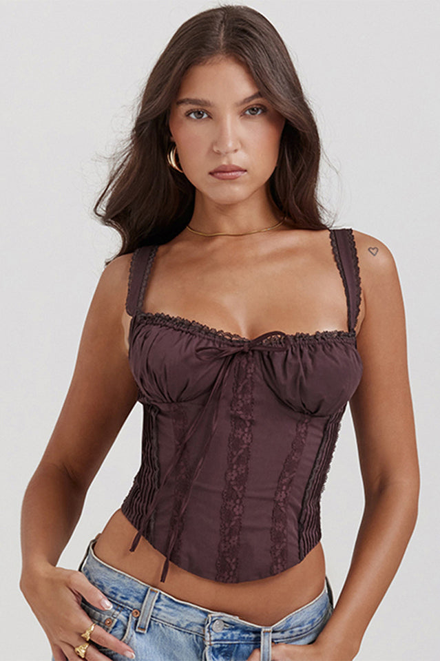 Chique satin corset top with lace and ruches, front view