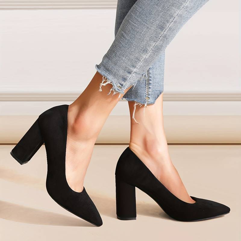 Black suede pumps pointed toe angled view
