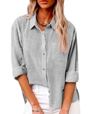 Gray blouse with pocket and rolled sleeves front view