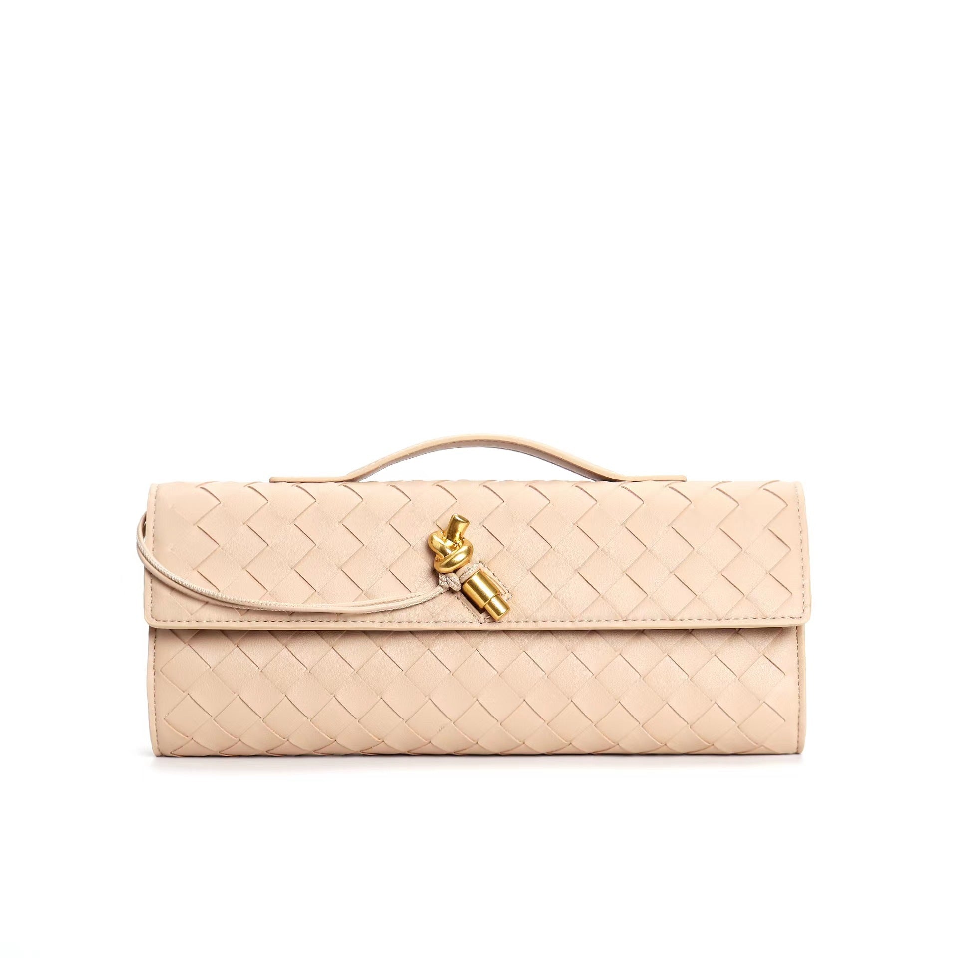 Luxe schoudertas beige geweven stof met gouden details front view
