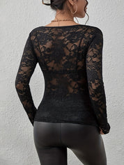 Black lace bodysuit with V-neck and long sleeves, back view