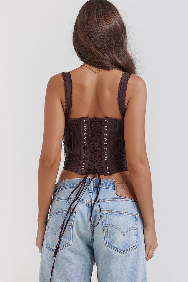 Chique satin corset top with lace and ruches, back view