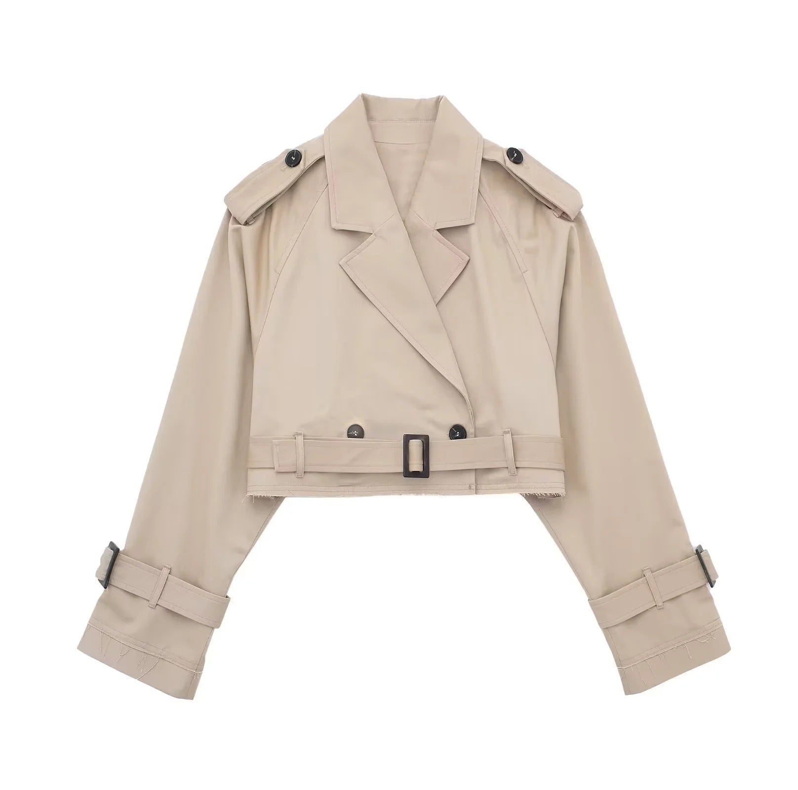 Korte trenchcoat beige met riem en knopen vooraanzicht