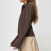 Retro flare-sleeve shirt brown side detail view