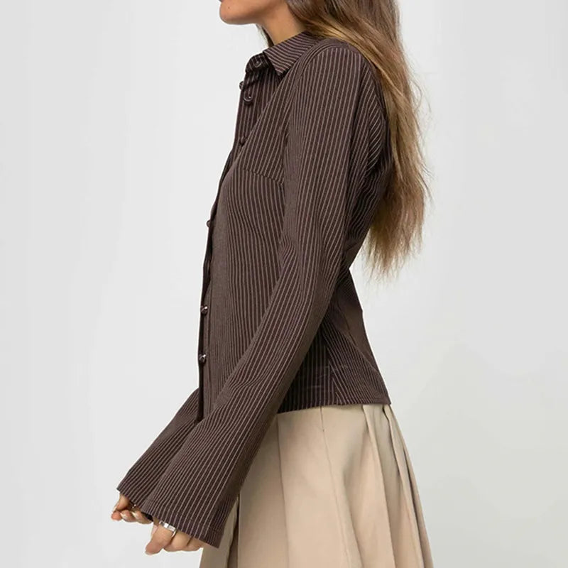 Retro flare-sleeve shirt brown side detail view