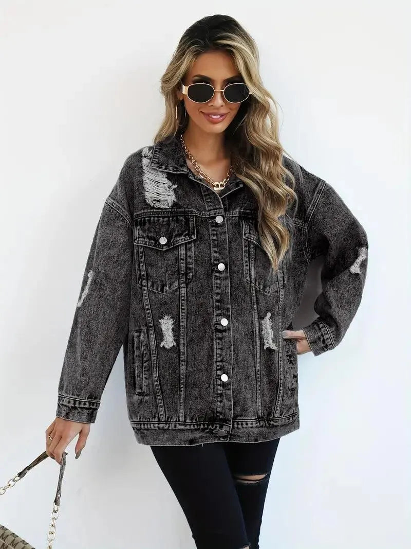 Dames denim jas zwart oversized met rafels front view
