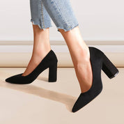 Black suede pumps pointed toe rear view