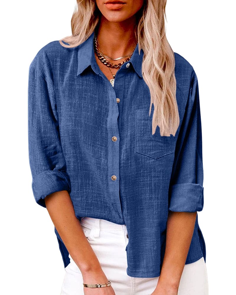 Dark blue blouse with pocket and rolled sleeves front view