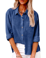 Dark blue blouse with pocket and rolled sleeves front view