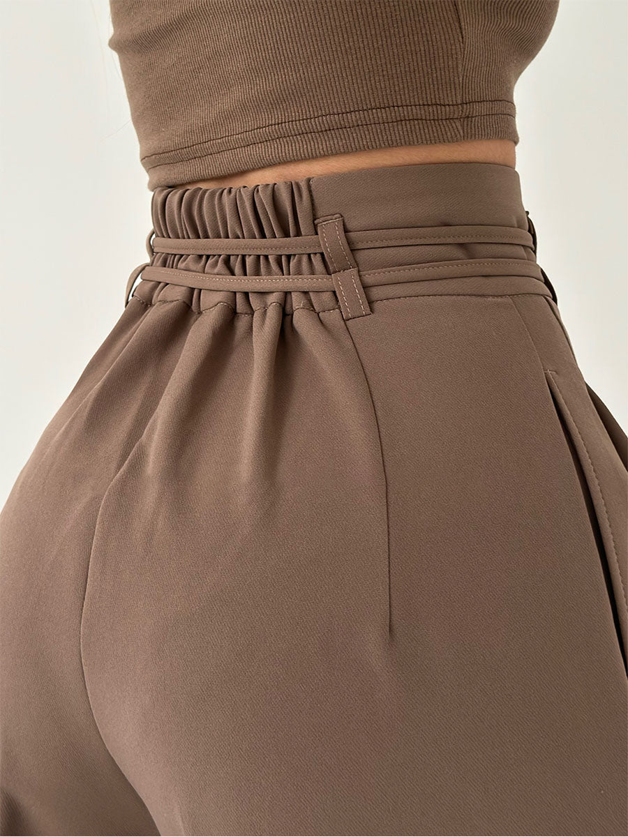 Brown high-waisted pants with tie waist detail close-up