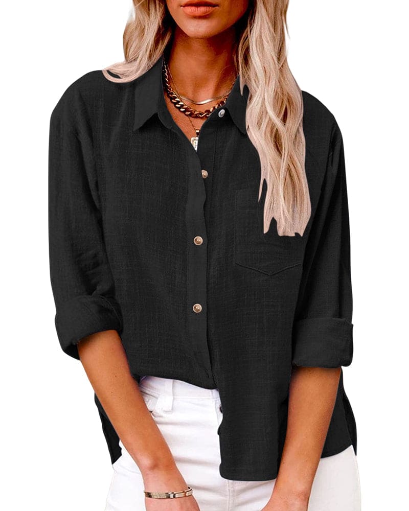 Black blouse with pocket and rolled sleeves front view