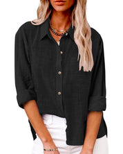 Black blouse with pocket and rolled sleeves front view