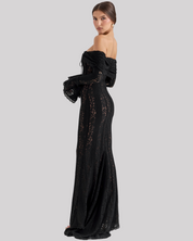 Maxi jurk van kant zwart off-shoulder rugzijde