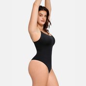 Bodysuit zwart naadloos stretch materiaal zijaanzicht
