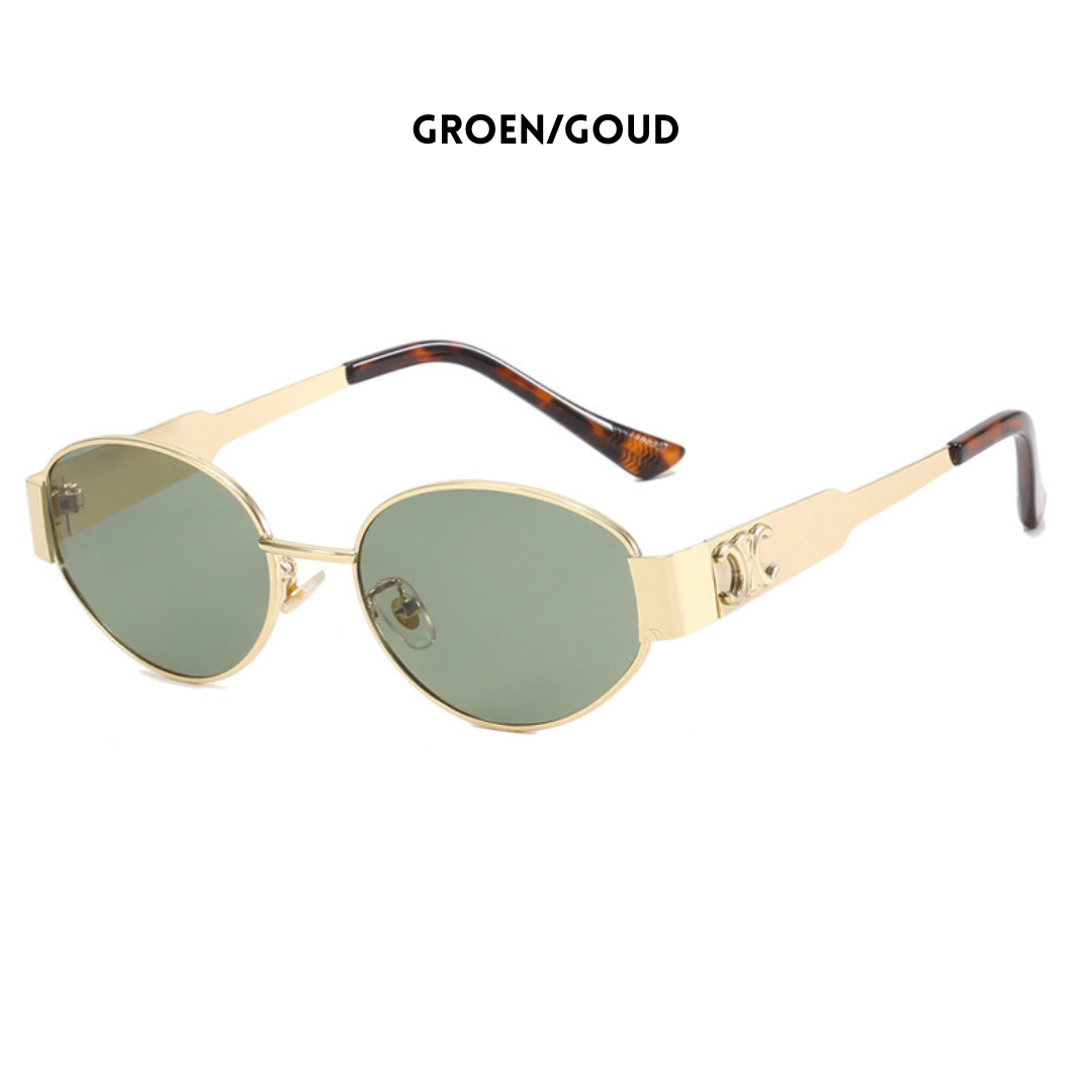 Zonnebril goudkleurig met groene glazen en tortoise frame achterzijde