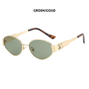 Zonnebril goudkleurig met groene glazen en tortoise frame achterzijde