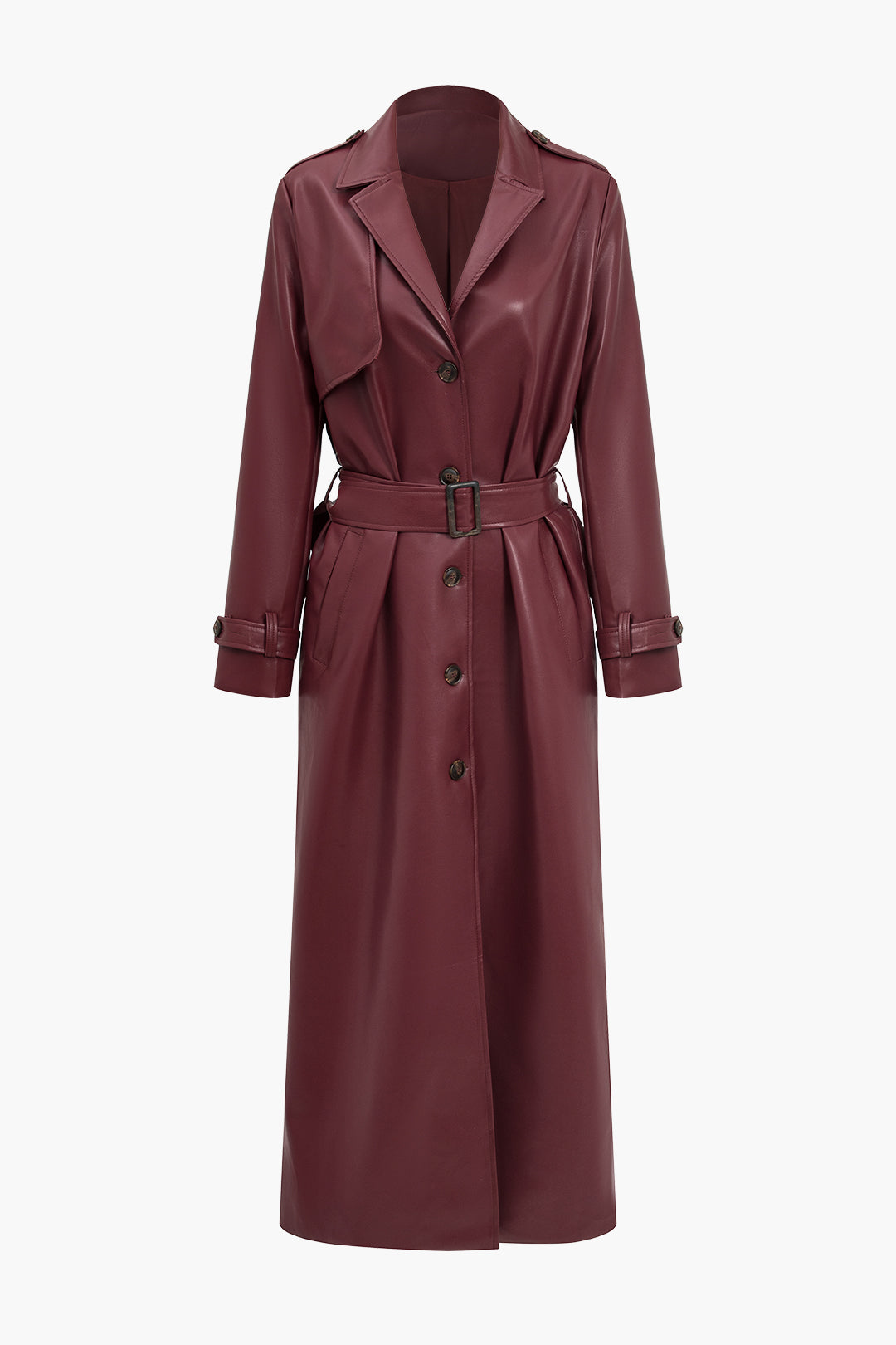 Faux leather trench coat burgundy full-length front