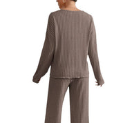 Tweedelig loungewear set dames beige ribstof achterzijde