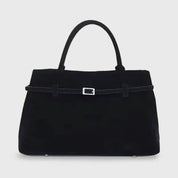Black suede shoulder bag front view