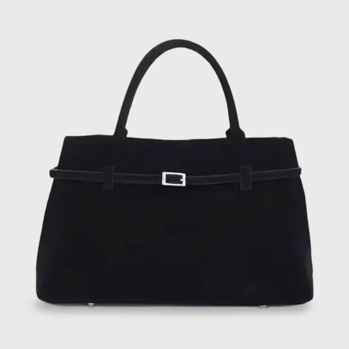 Black suede shoulder bag front view