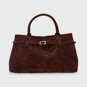Brown suede shoulder bag front view