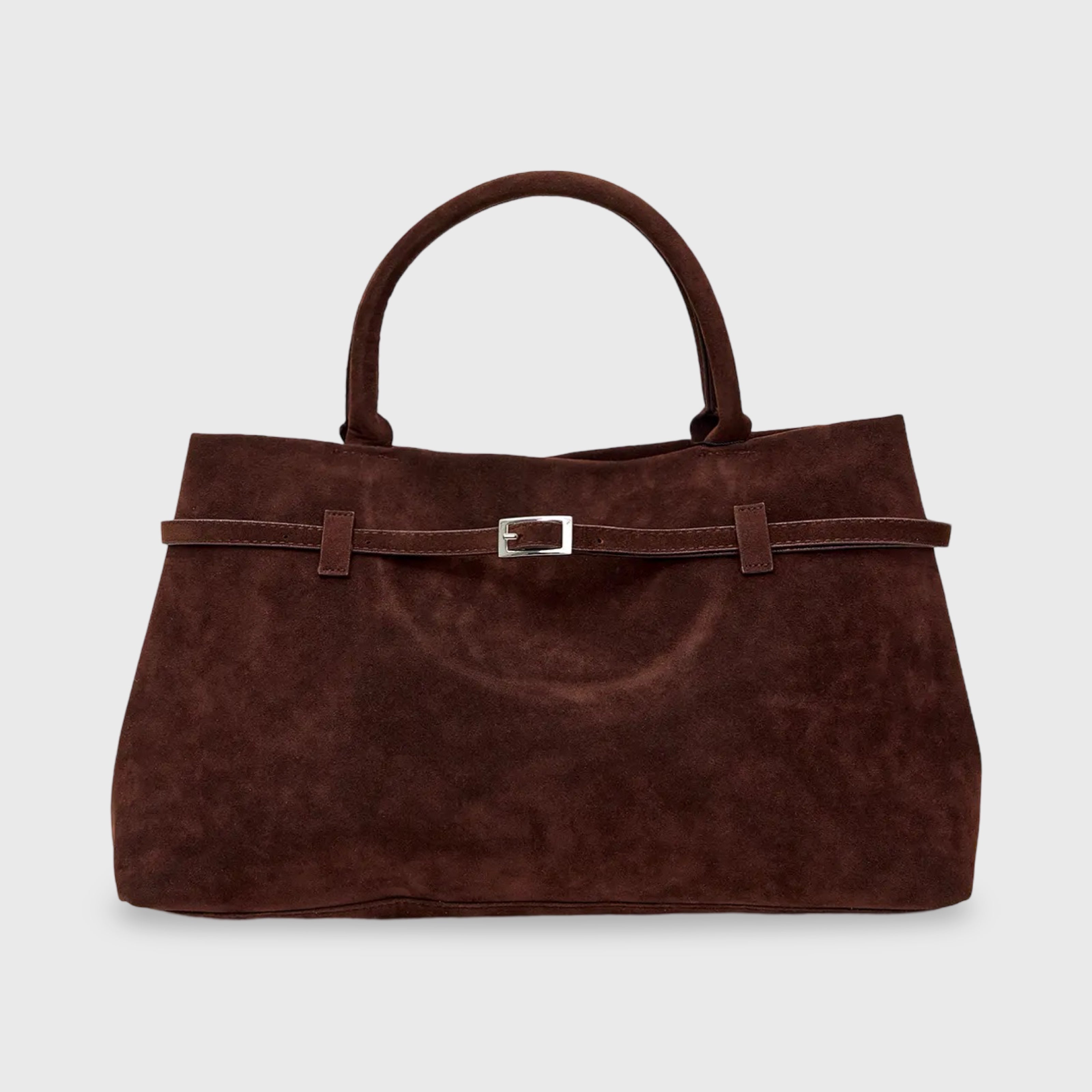 Brown suede shoulder bag front view