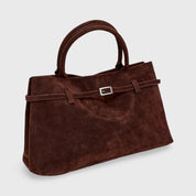 Brown suede shoulder bag angled view
