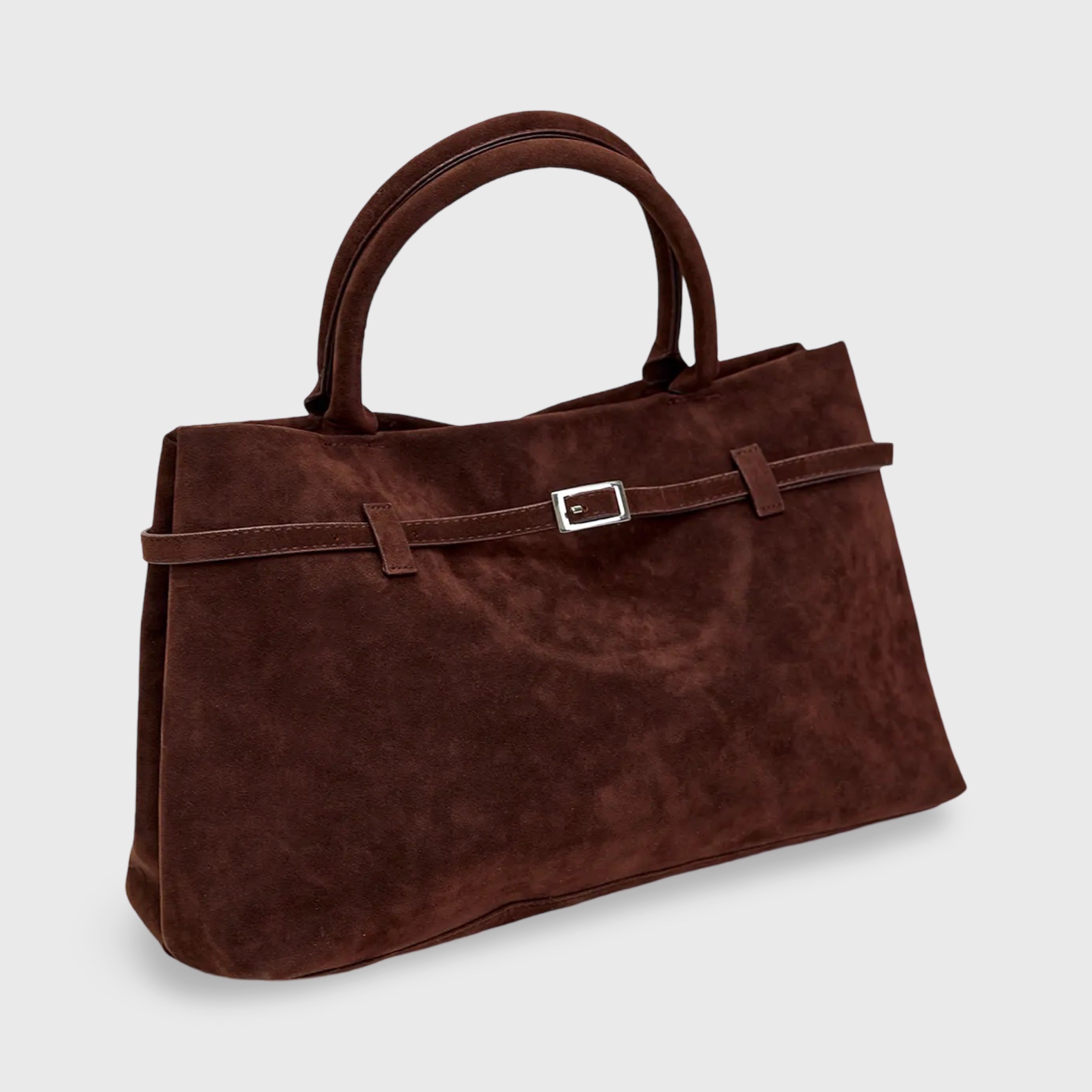Brown suede shoulder bag angled view