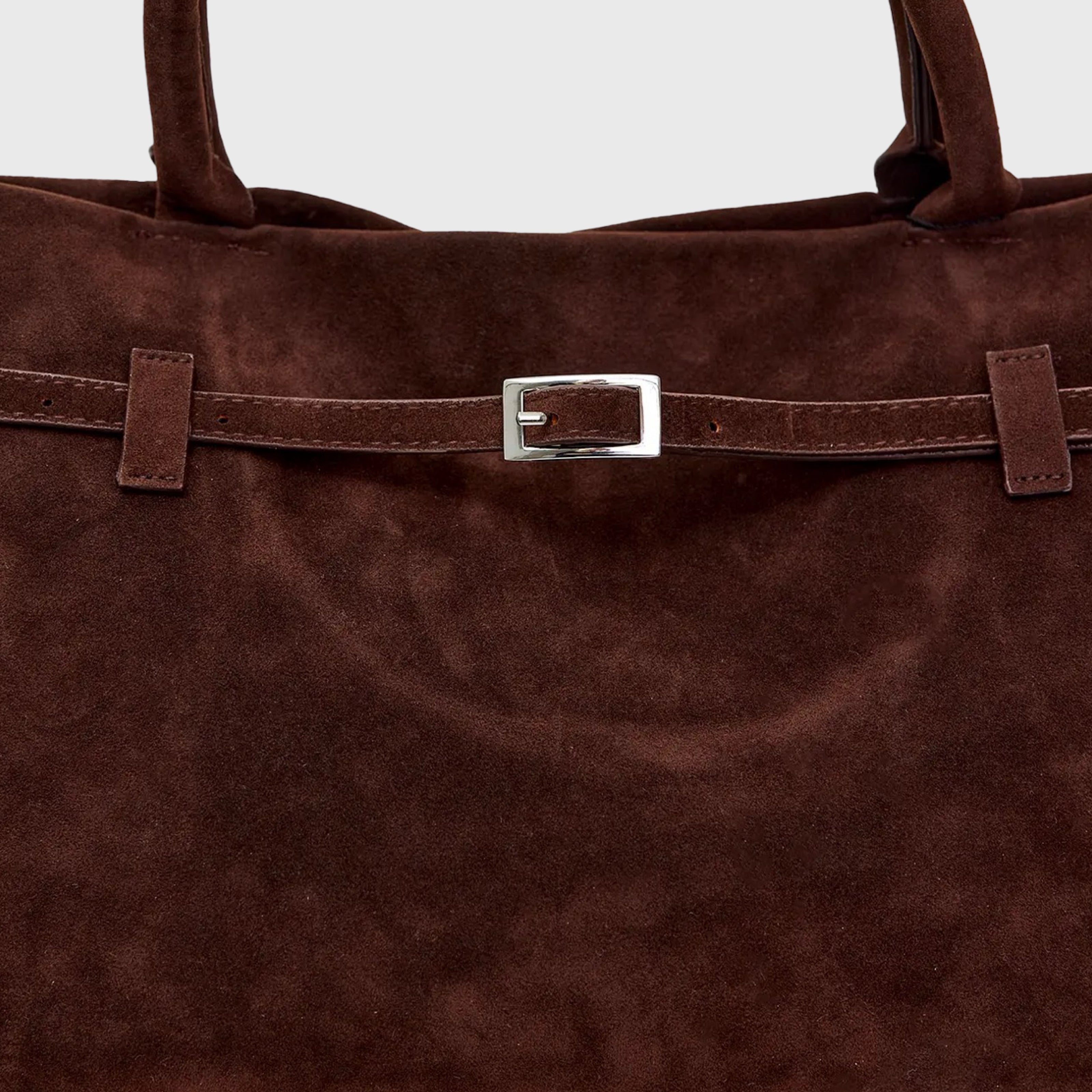 Brown suede shoulder bag buckle detail