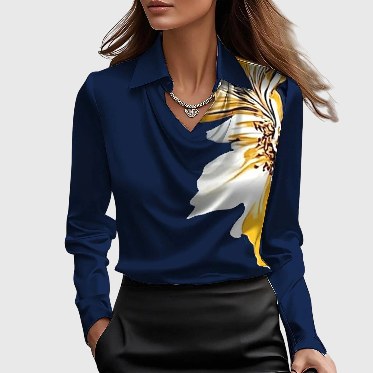 Silk blouse navy blue with sunflower print front view