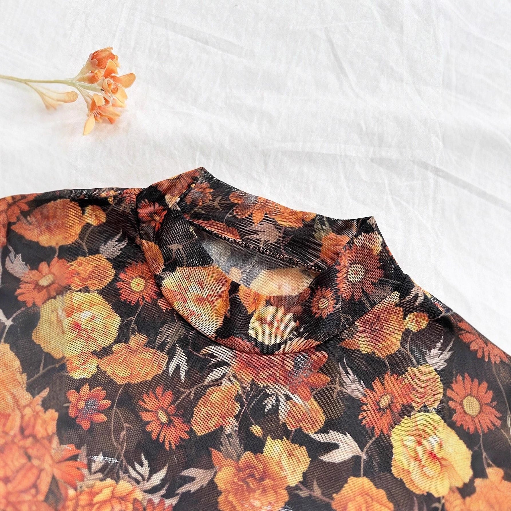 Stand-up Collar Mesh Printed Long-sleeve Top For Women