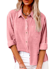 Pink blouse with pocket and rolled sleeves front view