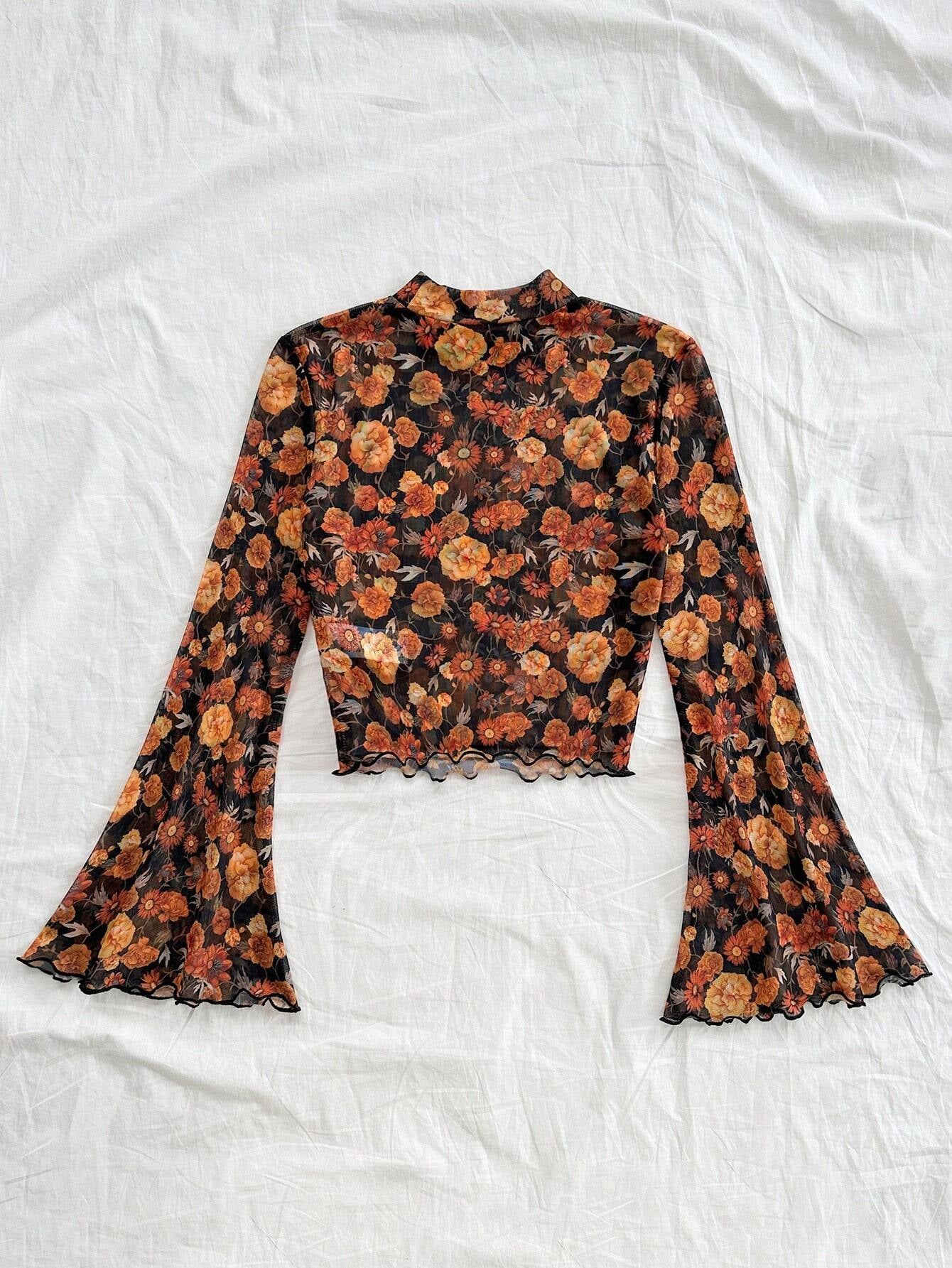 Stand-up Collar Mesh Printed Long-sleeve Top For Women