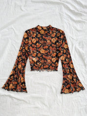 Stand-up Collar Mesh Printed Long-sleeve Top For Women