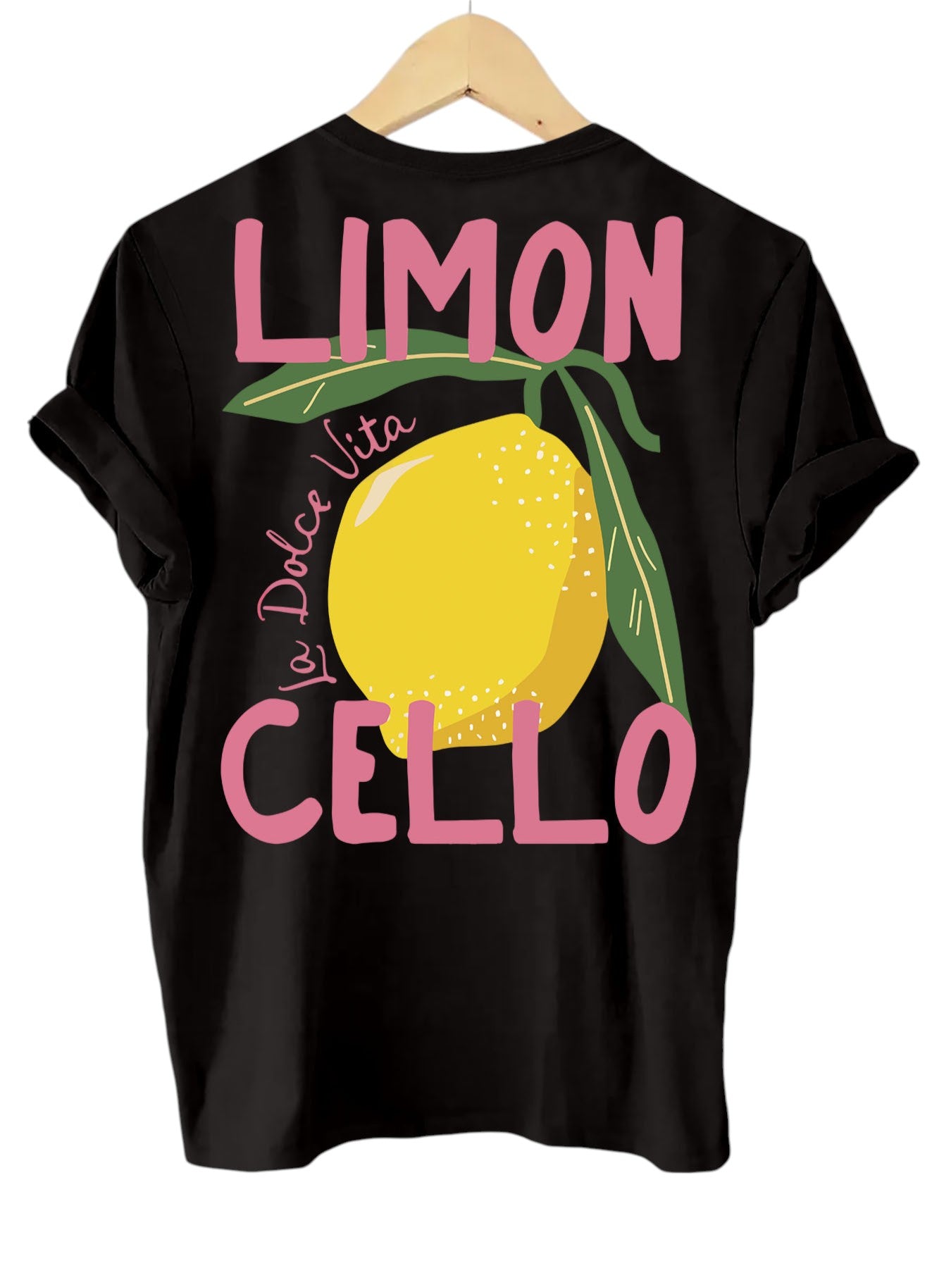 T-shirt zwart met citroenprint en tekst 'LIMON CELLO' achterzijde
